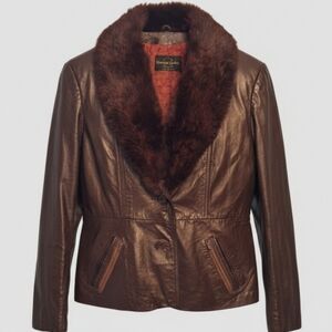 [[Unbranded]] Vintage Brown Leather Jacket with Real Fox Fur Collar